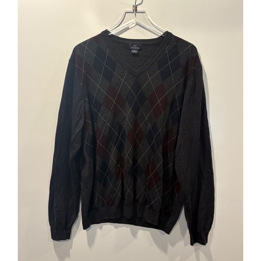 Brooks Brothers 346 Mens‎ XL Gray Argyle V Neck Sweater 100% Merino Wool